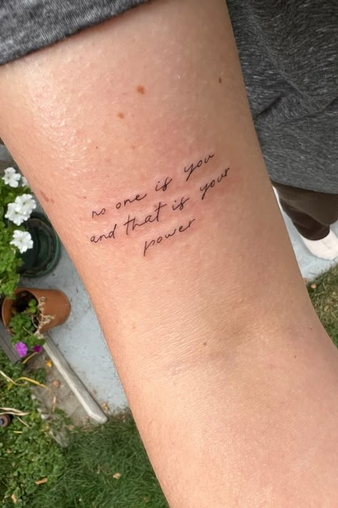 Fine Line Script Writing Tattoo Your Power Tattoo, Tattoos Meaning Strength, Rib Tattoo Quotes, Writing Tattoo, Inspiring Quote Tattoos, Motivational Tattoos, Peace Tattoos, Good Tattoo Quotes, Fine Line Art