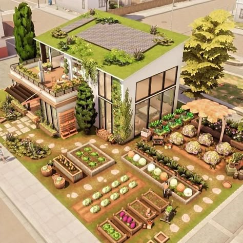 Sims 4 Green House Ideas, Sims 4 Garden Layout, Fun Sims 4 Builds, Sims Room Inspiration, Container Home Sims 4, Sims 4 Midcentury House, Cool Sims 4 Builds, Sims 4 Gardener House, Sims 4 Plant House