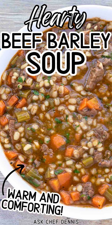 My beef barley soup is loaded with tender chunks of beef, wholesome barley, and a mirepoix of vegetables making it a warm and comforting meal. This soup is perfect for fall. Try this now! Soup Recipes Beef Barley, Beef Barley Slow Cooker, Beef And Barley Crockpot Soup, Crockpot Barley Soup Recipes, Beef Barley Soup Easy, Barley Beef Soup Slow Cooker, Beef N Barley Soup, Beef Barley Stew Crock Pot Recipes, Beef Barley Vegetable Soup Crock Pot