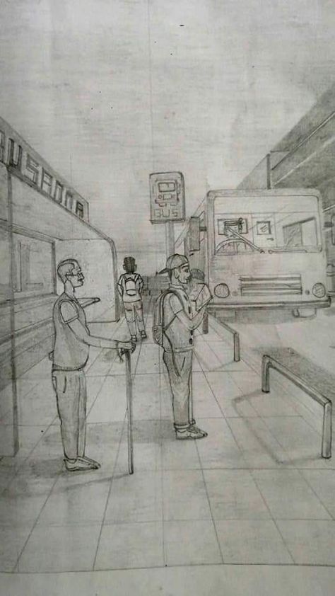 Bus Station Drawing, Human Composition Drawing, Nid Preparation, Elementary Drawing, Terminal Bus, Architecture Drawing Presentation, Composition Drawing, Bus Art, Shading Drawing