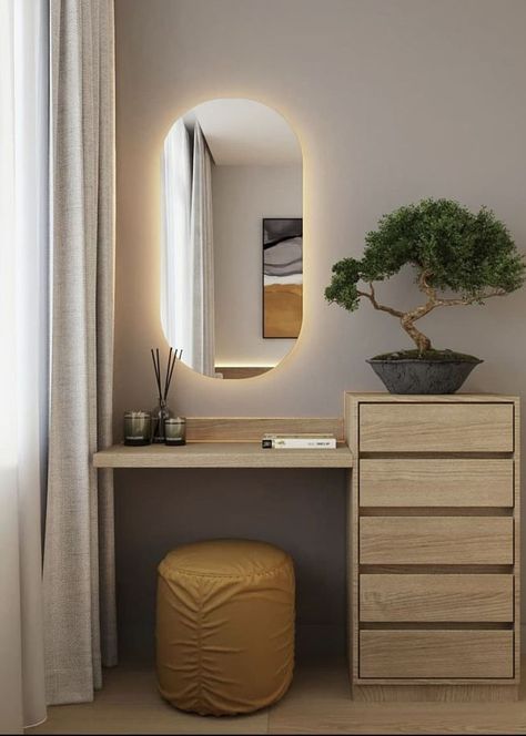 Contemporary Makeup Vanity, Small Bedroom Makeup Station, Make Up Vanity In Bedroom Modern, Japandi Makeup Table, Beauty Corner Ideas Bedrooms, Simple Bedroom Decor Small Spaces, Wood Vanity Bedroom, Small Bedroom Vanity Ideas, Makeup Table Ideas Bedrooms