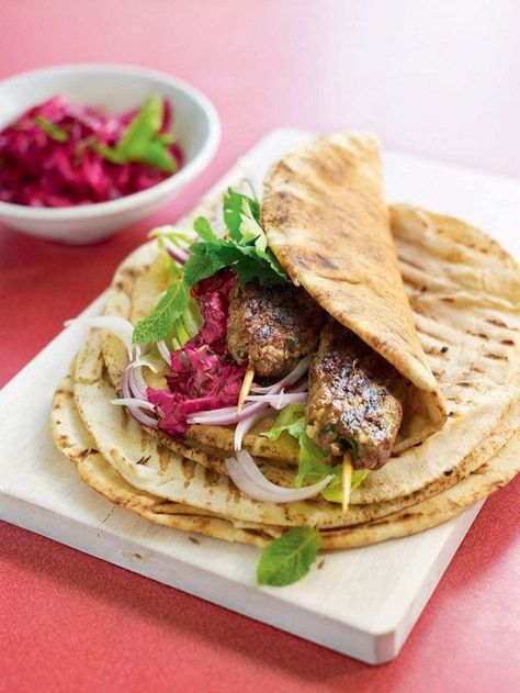 Souvlaki wraps with beetroot tzatziki recipe | delicious. magazine Souvlaki Wrap, Tzatziki Recipe, Tzatziki Recipes, Mint Yogurt, Horseradish Cream, Delicious Magazine, Food Club, Lemon Mint, Meat Dishes