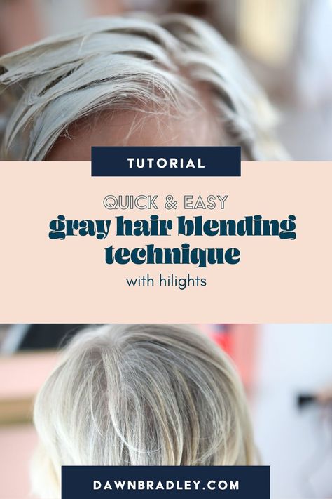 It can be overwhelming trying to figure out gray hair blending when you are just starting out. I am sharing my tutorial for blending short gray hair with highlights. Head to the blog to learn how to seamlessly blend grey hair, create beautiful results and save your clients time and money. This tutorial is going to help you with your gray blending techniques and get rid of the shadow root. Head to the blog to learn more | easily blend gray hair | gray hair highlights | #hairtutorial #grayhai Highlight Your Own Hair, Grey Hair Roots, Natural White Hair, Medium Blonde Hair, Grey Highlights, Grey White Hair, Blonde Streaks, Curly Hair Tutorial, Salt And Pepper Hair