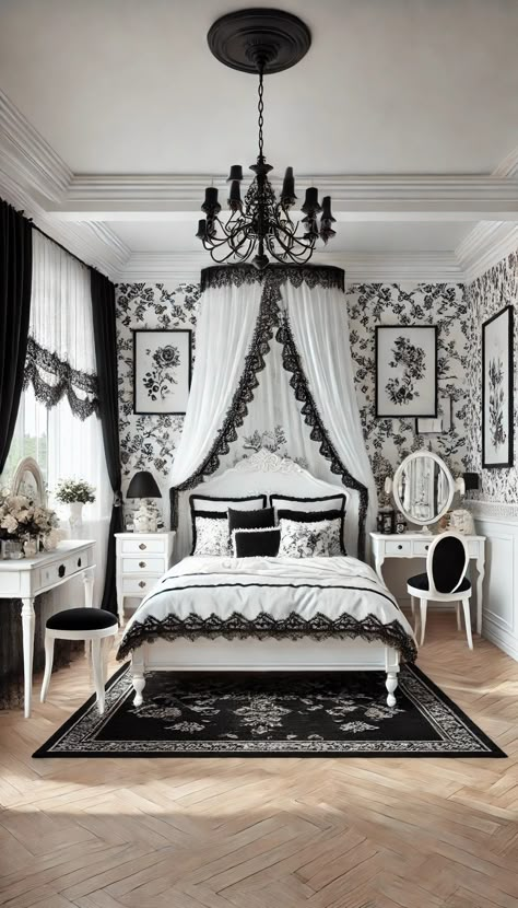 Black Room With White Furniture, Cuartos Dark, Black White Bedroom Decor, Black Lace Curtains, Black White Bedroom Ideas, 20s Bedroom, White Shabby Chic Bedroom, White Bedroom Decor Ideas, Black And White Bedroom Decor