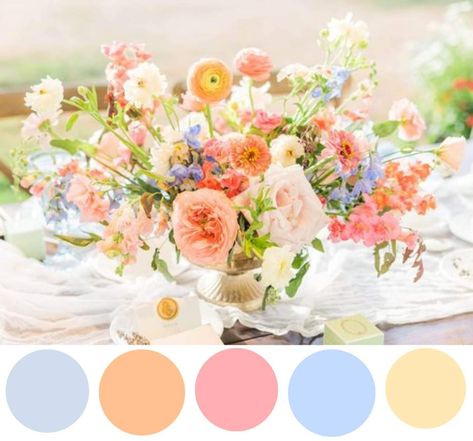 Blue Pink Yellow Wedding Color Palettes, Colorful Spring Wedding Decor, Blue Orange Pink Color Palette Wedding, Summer Spring Color Palette, Pink Orange Yellow Blue Wedding, Pastel Color Theme Wedding, Pink Orange Yellow Blue Color Palette, Floral Wedding Color Schemes, Floral Arrangement Color Palettes