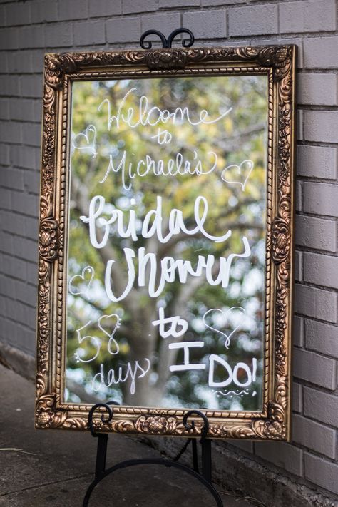 Bridal Shower Welcome sign!! Hand lettered, gold mirror. 58 days till I do! Gold Mirror Bridal Shower Sign, Bridal Shower Sign In Table, Bridal Shower Signs Entrance Mirror, Welcome To Bridal Shower Sign Diy, Bridal Shower Signs Mirror, Welcome To Bridal Shower Sign Mirror, Mirror Welcome Sign Bridal Shower, Mirror Bridal Shower Welcome Sign, Bridal Shower Welcome Mirror