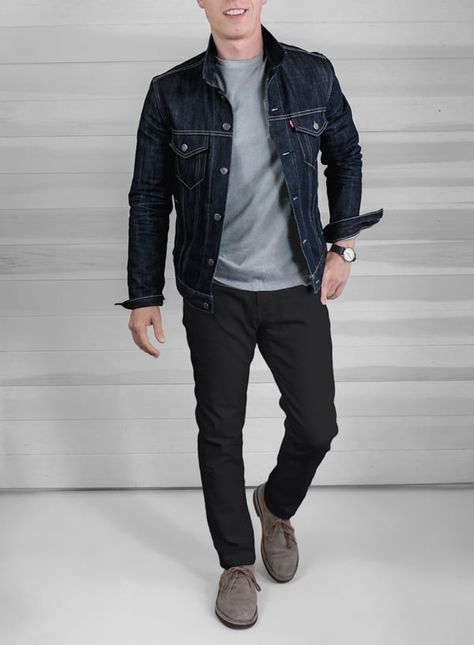 Mens Fashion Graphic Tees, Black Jean Jacket Outfits Men, Men Denim Jacket Outfit, Denim Jacket Men Outfit, Sperrys Men, Grey Denim Jacket, Running Clothing, Denim Jacket Outfit, Mens Fashion Edgy