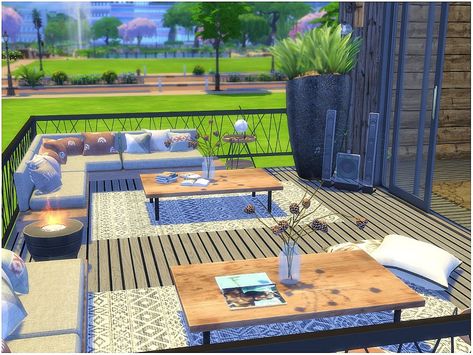 Sims 4 Terrace Ideas, Sims 4 Patio Ideas, Sims Garden, Sims Decor, Industrial Hall, Garden Island, Sims Inspiration, Blue Patio, Sims Packs