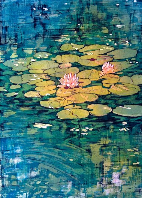 Water Lilys Fineart Batik Giclee Print | Etsy Norway Lotus Painting, Batik Art, Water Lilly, Wax Resist, Landscape Canvas Art, Colorful Paintings, Flower Wall Art, Water Lilies, Koi Fish