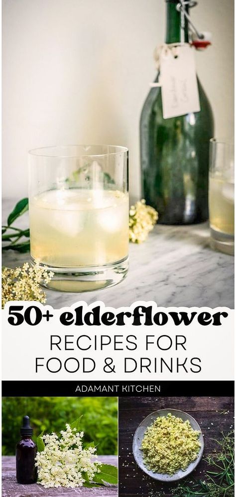 Elderflower recipes bring a floral touch to your food and drinks. Use fresh flowers or infuse them into syrups, cordials, skincare products, and herbal remedies. Make elderflower cordial, syrup, tincture, muffins, cocktails, and liqueur! Discover more natural herbs, homemade skin care, herbal drinks, and Wild Food Foraging Recipes at adamantkitchen.com. Elderflower Recipes, Elderflower Tea, Fruit Leather Recipe, Elderberry Recipes, Food Foraging, Edible Flowers Recipes, Elderflower Cordial, Wild Food Foraging, Foraging Recipes