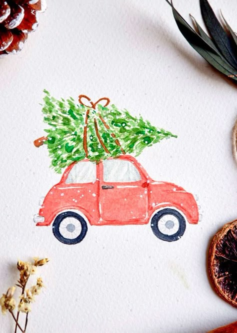 Watercolor Christmas Cards · Christmas Cards · DIY Christmas Cards · Christmas Crafts · Homemade Cards · Christmas ... Red Car Christmas Tree, Christmas Tree Watercolor Ideas, Santa Watercolor Christmas Art, Watercolor Art Christmas Easy, Christmas Car Drawing, Christmas Car Illustration, Christmas Watercolor Ideas Xmas Cards, Christmas Aquarelle Card, Christmas Cards Aquarel