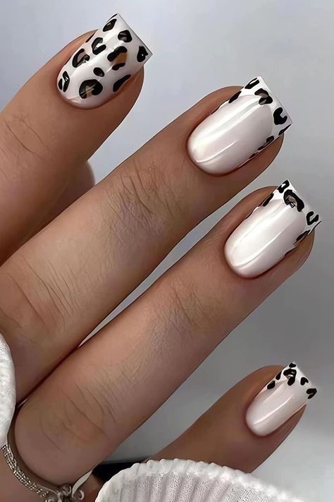 Nails Short French Tip, Nails Short French, Fake Nails Square, Short French Tip, French Tip Fake Nails, Kylie Nails, Short French, Press On Nails Short, Leopard Print Nails