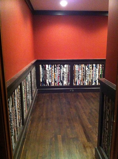 hockey stick wainscoting in our office. Hockey Stick Furniture, Hockey Stick Crafts, Hockey Man Cave, Hockey Bedroom, Hockey Room, Hockey Decor, Sticks Furniture, Art Deco Bar, Baby Boy Room Decor