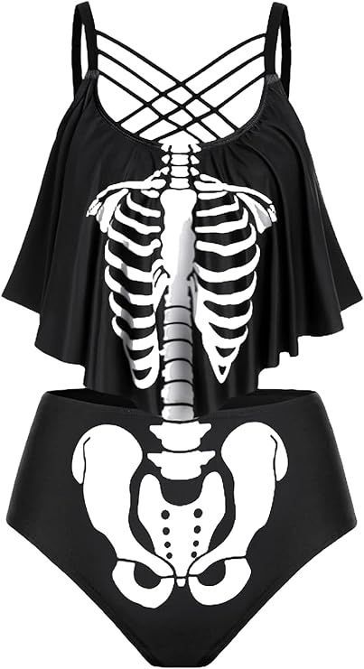 Rosegal Womens Plus Size Curve Gothic Tankini Swimwear Tummy Control Two Piece Bathing Suit Ruffled Swimwear Plus Size Goth Swimwear, Gothic Bathing Suits, Charector Ideas, Plus Size Goth, Character Wardrobe, Tankini Swimwear, Two Piece Bathing Suit, Kei Visual, Witch Dress