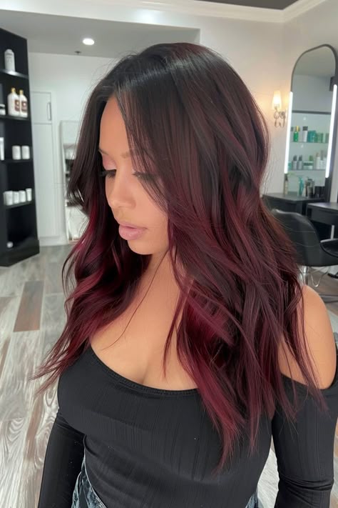 Dark Brown To Burgundy Ombre, Brown Hair With Red Highlights Burgundy, Cherry Cola Peekaboo Hair, Dark Brown To Red Hair Ombre, Burgundy Hair With Shadow Root, Burgundy Streaks In Brown Hair, Dark Brown With Light Brown Money Pieces, Reddish Brown Highlights On Dark Hair, Subtle Burgundy Hair