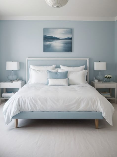 Create a serene and tranquil atmosphere in your bedroom by incorporating light blue wall art. Combine it with a sleek white bed frame and soft, fluffy pillows for a chic and relaxing space. Bedroom Color Scheme Ideas, Coastal Bedroom Design, Light Blue Wall Art, Color Scheme Ideas, Blue Bedroom Ideas, Bedroom Color, Coastal Bedroom, Blue Bedroom, Coastal Style