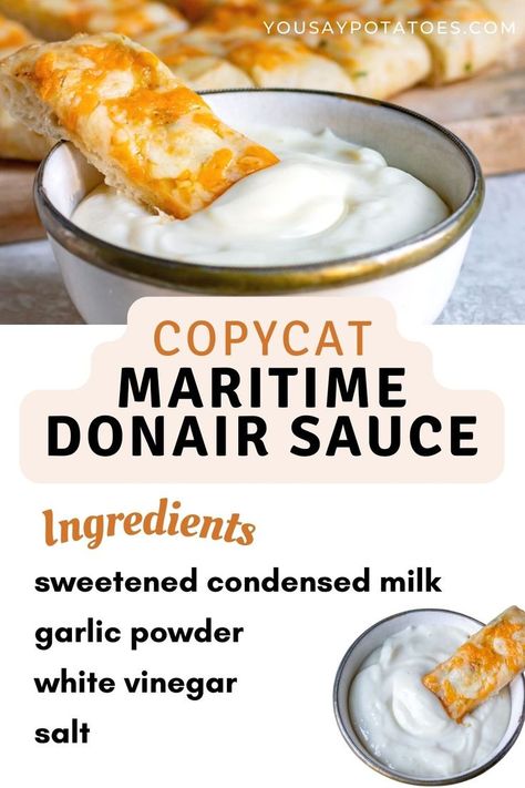 Make your own homemade Donair Sauce! This classic creamy, sweet and tangy garlic sauce is perfect for donair kabobs or served as a dipping sauce for chicken, fries, or garlic fingers. It's made with four simple ingredients, and takes only minutes to prepare! Donair Sauce Recipe Condensed Milk, Donair Sweet Sauce Recipe, Homemade Donair Sauce, Donair Sauce Recipe, Homemade Gyro, Homemade Dipping Sauce, Dipping Sauce For Chicken, Garlic Fingers, Sweet Sauce Recipes