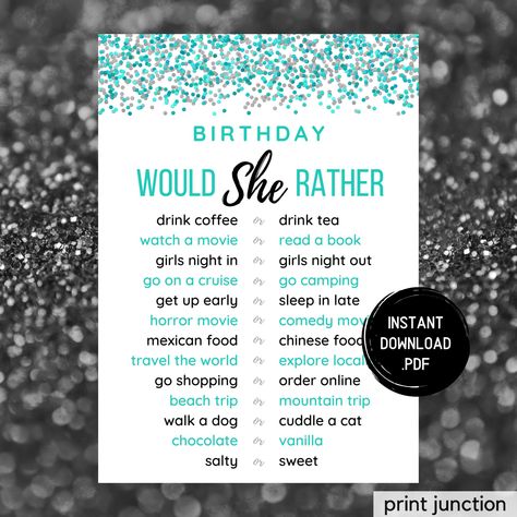 Birthday Would She Rather, Printable Birthday Games, Would She Rather 30th Birthday Game, Birthday Games, Birthday Girl, Instant Download Teen Birthday Party Games, Preteen Birthday, Printable Birthday Games, 30th Birthday Games, 1st Birthday Party Games, Latest Horror Movies, Teen Sleepover, Would She Rather, Slumber Party Games