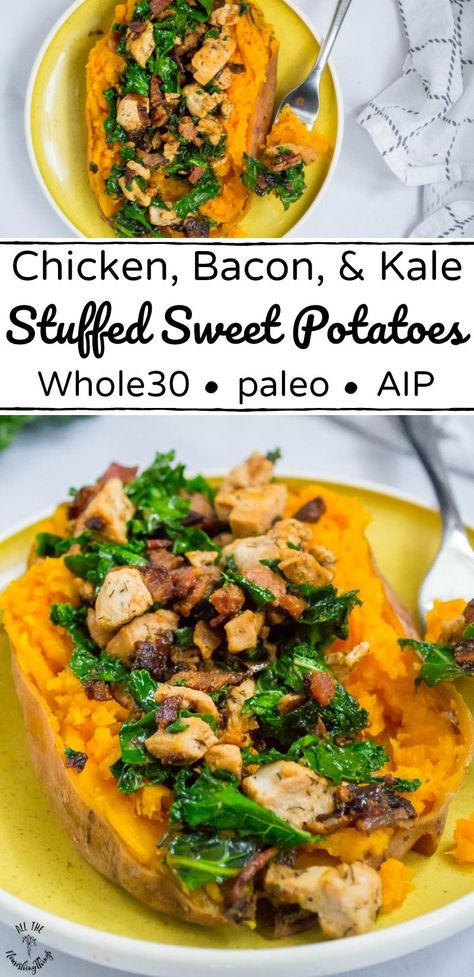 These paleo, AIP, and Whole30 Chicken, Bacon, and Kale Stuffed Sweet Potatoes are a snap to make and are perfect for meal prep! This is an easy, veggie-loaded meal, fantastic for weeknights or chaotic weekends, and is SO nourishing! #allthenourishingthings #whole30 #sweetpotatoes #whole30meal #AIP #paleo #AIPrecipe #paleorecipe Aip Lunches, Aip Diet Recipes, Bacon Kale, 2024 Meals, Autoimmune Paleo Diet, Paleo Dinners, Autoimmune Recipes, Autoimmune Paleo Recipes, Whole30 Chicken