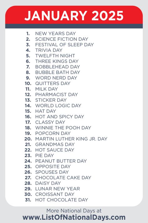 A printable list of national days for January 2025 2025 List, List Of National Days, Plan Your Year, National Days, January 2025, Monthly Calendar Printable, Monthly Calendar, Each Day, Special Day