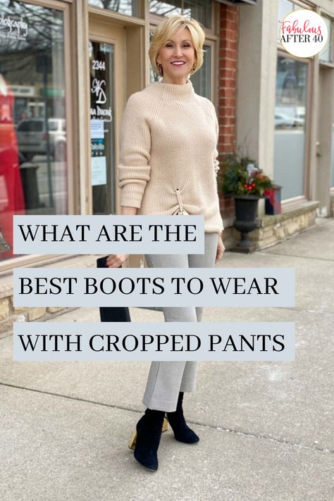 Best boots for cropped pants? The goal is to cover your exposed legs so you stay warm and to elongate them too, so you look elegant. It’s all about balance, so here’s what you do. Cropped Pants And Boots, Crop Pants With Ankle Boots, Cropped Pants With Boots, Dress Pants With Boots, Cropped Pants Outfit, Wide Cropped Pants, Grey Pants Outfit, Dress Pants Outfits, Best Boots