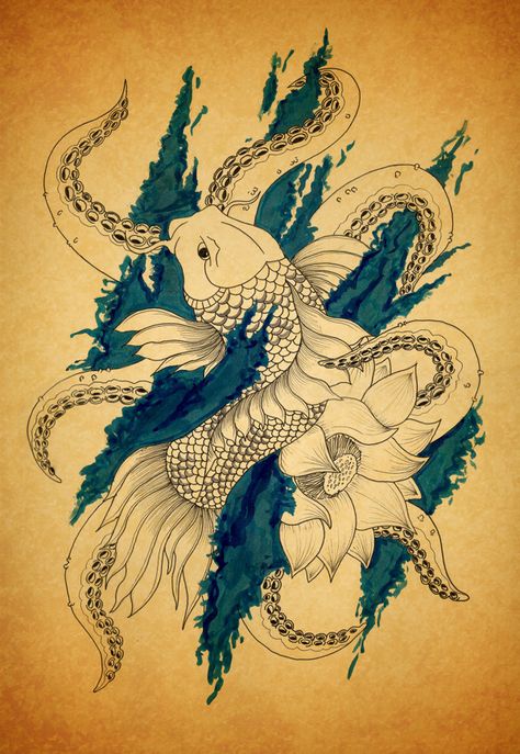 Tattoo in which are connected motifs koi fish, lotus flower and octopus with details of water. . . Koi Fish And Octopus Tattoo, Koi Tattoo, Octopus Tattoo, Tattoo Illustration, Koi Fish, Dreamcatcher Tattoo, Lotus Flower Tattoo, Tattoo Images, Flower Tattoos