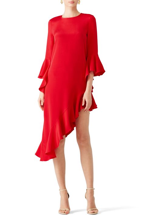 Rent Red Hazel Dress by Alexis for $90 only at Rent the Runway. Alexis Dress, Asymmetric Dress, Ruffle Hem Dress, Flounce Sleeve, Flutter Sleeve Dress, Asymmetrical Dress, Featuring Dress, 8 M, Ruffle Trim