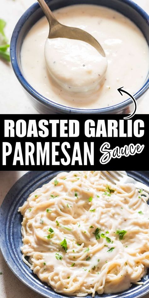 Outrageously delicious garlic Parmesan sauce has wonderful rich flavors from roasted garlic and Parmesan cheese. Toss with pasta, roasted veggies, as dipping sauce or pizza sauce. #garlicParmesansauce #cheesesauce #roastedgarlic #Parmesan #forwings #pasta #pastasauce #whitesauce #creamy #easy #forfries #steaksauce #easyrecipe #homemadesauce Parmesan White Sauce, Garlic Parmesan Sauce Recipe, Parmesan Sauce Recipe, Creamy Sauces, Garlic Parmesan Sauce, Homemade Sauce Recipes, Parmesan Pasta, Parmesan Sauce, Pasta Sauces