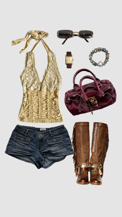 boho fit #outfitinspo #beauty #vibes #fit #boho #bohoaesthetic #bohostyle #fallfit #bohemian #lace #halterneck #jeanshorts #leatherboots #fringe #vintage #cartierwatch #jewelry #chloepaddington Rich Bohemian Aesthetic, Boho 2000s Fashion, Boho 90s Outfits, 2000s Boho Chic, Girly Boho Outfits, Boho Chic Winter Outfits, Bohemian Rock Style, Chic Boho Outfits, Whimsical Fits