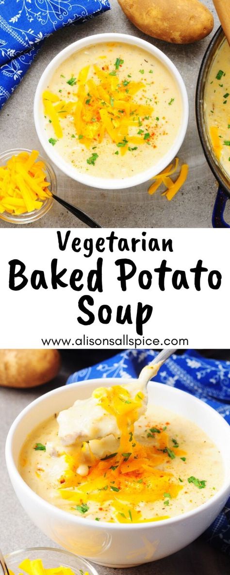 Vegetarian Loaded Potato Soup, Vegetarian Baked Potato Soup, Vegetarian Loaded Baked Potato Soup, Meatless Potato Soup, Vegetarian Recipes Potato, No Meat Soups, Vegetarian Recipes With Potatoes, Crockpot Soup Vegetarian, Vegetarian Soup Crockpot