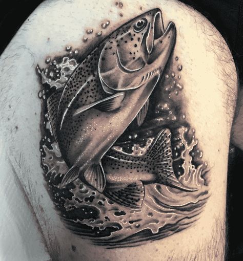 Salmon Fish Tattoo Design Images (Salmon Fish Ink Design Ideas) Fish And Mountain Tattoo, Trout Fishing Tattoo, Eagle With Fish Tattoo, Realistic Fish Tattoo, Salmon Tattoo Design, Trout Fish Tattoo, Salmon Fish Tattoo, Fly Fishing Tattoos, Trout Tattoo Design