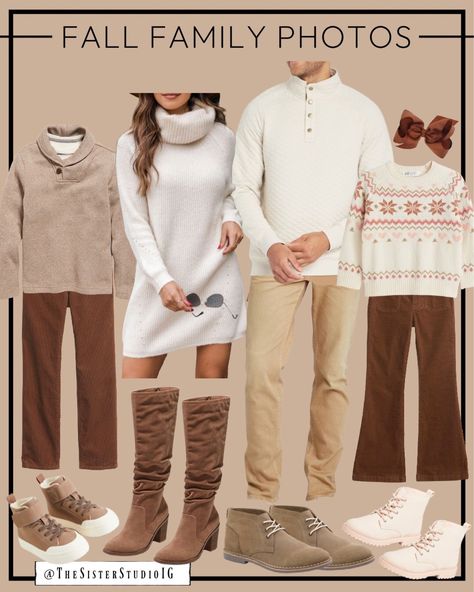 Cream And Khaki Family Photos, Beige Family Photo Outfits Christmas, Cream Family Picture Outfits Winter, Sweater Dress Family Pictures, Cream Christmas Outfits, White And Khaki Family Pictures, Outfits Color Palette, What To Wear Photoshoot, Christmas Card Outfits