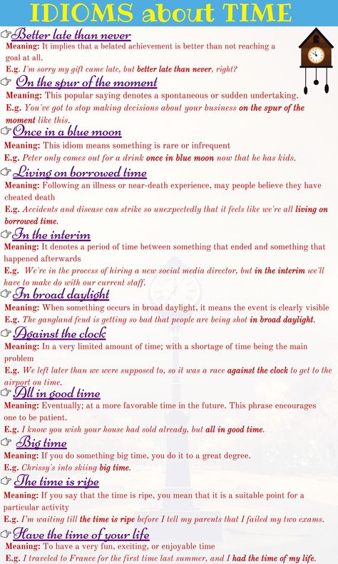 Time is precious. Most of us don't have enough of it and wish we had more. There are lots of English expressions using the word Time. Ielts Tips, Advanced English Vocabulary, Idiomatic Expressions, English Phrases Idioms, Idioms And Phrases, English Learning Spoken, Advanced English, Conversational English, Interesting English Words