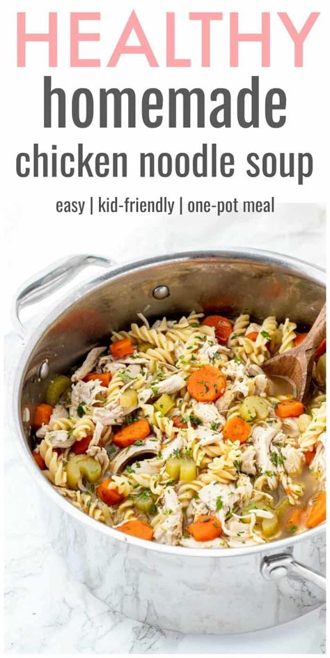 Healthy Chicken Noodle Soup | Haute & Healthy Living Clean Eating Chicken Noodle Soup, Homemade Chicken Noodle Soup Healthy, Easy Healthy Chicken Noodle Soup Recipe, Chicken Noodle Soup Low Carb, Macro Friendly Chicken Noodle Soup, Chicken Soup With Homemade Noodles, Low Sodium Chicken Noodle Soup Healthy, Chicken Noodle Soup Meal Prep, Health Chicken Noodle Soup