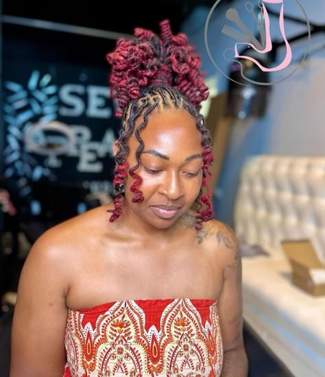 Wedding Loc Styles – Curly Up-do Loc Style - davidreed.co Up Style Locs, Dread Hairstyles For Long Hair, Women Loc Ponytail Styles, Loc Styles For Special Occasions, Loc Bun With Curly Bangs, Loc High Bun Styles, Petal Locs Updo, Loc Curly Updos, Woman Locs Style