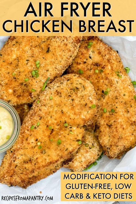 Delicious and crispy Air Fryer Chicken Breast is a healthier and guilt-free version of a deep fried classic! Plus it is quick, easy and fun to make — perfect for kids!  #airfryer #airfryerchicken #chickenbreast Air Fryer Crumbed Chicken, Bread Crumb Chicken Air Fryer, Crispy Air Fryer Chicken Breast, Air Fryer Chicken Breast, Air Fryer Recipes Chicken Breast, Air Fryer Recipes Low Carb, Crispy Air Fryer Chicken, Chicken Boneless Breast Recipes, Air Fryer Recipes Breakfast