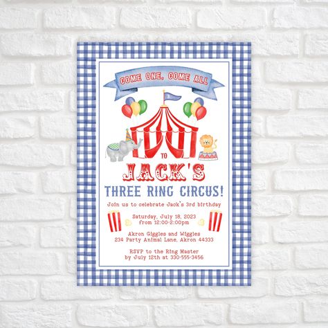 Three Ring Circus Birthday, Three Ring Circus Birthday Party, Three Ring Circus, 3rd Birthday Party For Boy, 3rd Birthday Invitation, Circus Birthday Invitations, Carnival Birthday Invitations, Third Birthday Party, Circus Birthday Party