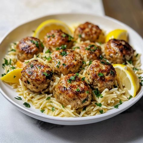 Lemon Chicken Ricotta Meatballs With Garlic Orzo, Lunch Meal Prep Orzo, Lemon Ricotta Turkey Meatballs, Orzo And Chicken Meatballs, Chicken Lemon Ricotta Meatballs, Lemon Garlic Chicken Meatballs With Orzo, Lemon Ground Turkey Recipes, Lemon Garlic Chicken Meatballs With Creamy Orzo, Lemon Ricotta Meatballs