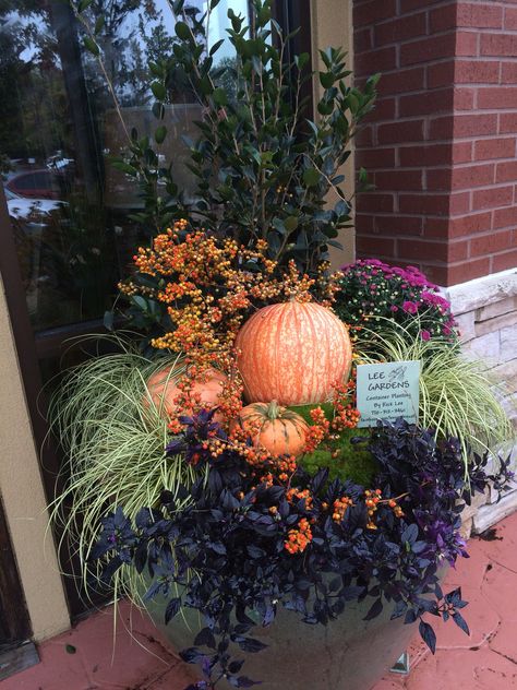 Fall Planters In Front Of Garage, Wash Tub Planter Ideas Fall, Pumpkins In Pots Decor, Fall Outdoor Pots With Pumpkins, Fall Landscape Backyard, Outdoor Fall Planters Front Porches, Fall Home Decor Outdoor, Fall Planters With Pumpkins, Fall Mum Planter Ideas