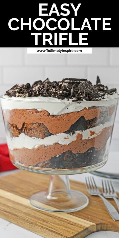 This easy chocolate trifle recipe is quick to make and beautiful to look at! Layers of brownies, instant chocolate pudding, Cool Whip, and Oreos make this the perfect dessert we all need for special occasions and holidays! Easy Chocolate Trifle, Chocolate Brownie Trifle, Chocolate Trifle Recipe, Chocolate Trifle Desserts, Brownie Trifle Recipe, Chocolate Layer Dessert, Trifle Bowl Recipes, Easy Trifle, Trifle Dessert Recipes