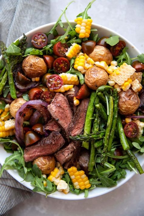 Chimichurri Dressing, Corn Asparagus, Asparagus Grilled, Chimichurri Steak, Potatoes Tomatoes, Gold Potatoes, Sirloin Steak, American Summer, Chimichurri Sauce