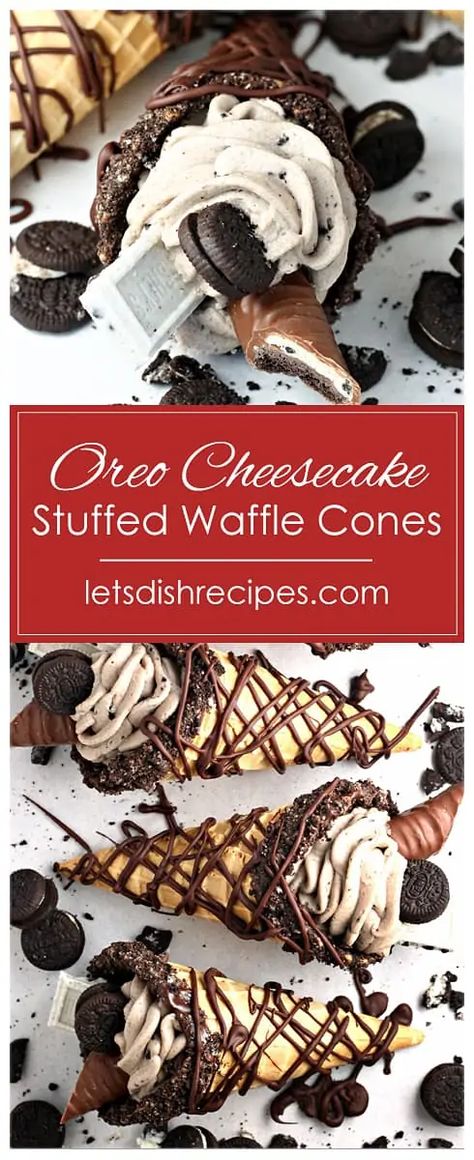 Oreo Cheesecake Stuffed Waffle Cones — Let's Dish Recipes Ice Cream Cone Filling Ideas, Fruit Filled Ice Cream Cones, S’more Waffle Cones, Desserts With Ice Cream Cones, Waffle Cheesecake Cones, Waffle Cone Filling Ideas, Desserts In Cones, Loaded Waffles Dessert, Cheesecake In A Cone