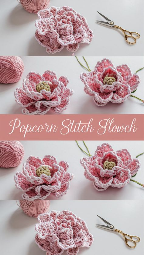 Free crochet pattern for pink popcorn flowers. Clear instructions for all skill levels. Perfect for adding texture to any project. Crochet Flower Edging And Borders, Crochet Flower Petals Free Pattern, Pink Crochet Flowers, Pink Crochet Patterns, Big Crochet Flower, Large Crochet Flower Pattern Free, Crochet Stitches Free Pattern, Crochet With Beads Patterns Free, Crochet With Embroidery Thread