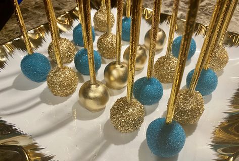 Teal Dessert Table, Teal And Gold Quinceanera Theme, Teal Desserts, Teal Cake Pops, Gold Table Centerpieces, Sweet 16 Party Planning, Gold Dessert Table, Gatsby Cake, Graduation Cake Pops