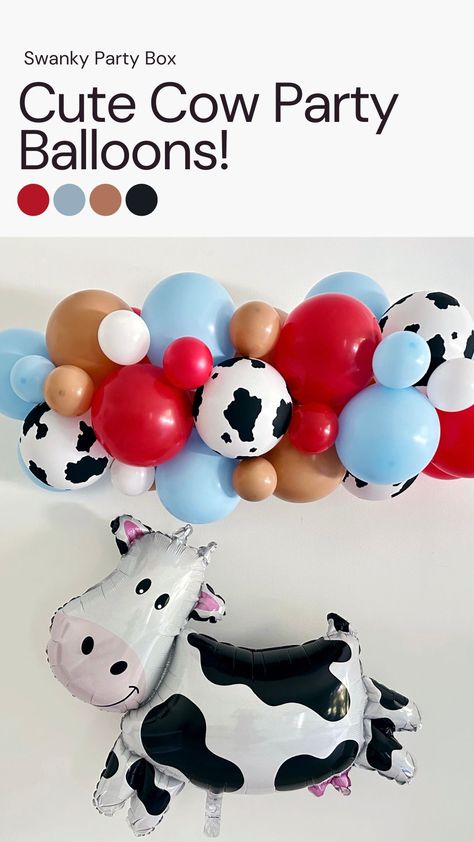 Yeehaw! Get ready for a rootin'-tootin' good time with this fabulous farm balloon garland! 🎈🐮✨ This vibrant and playful garland combines the classic colors of red and blue, creating a bold and eye-catching backdrop for your celebration! #RedAndBlueBalloonGarland #CowBalloon #FarmyardFun #BarnyardParty Cow Print Balloon Garland, Moo Moo I'm Two Birthday, Farm Party Decorations, Kids Party Ideas, 1st Rodeo, Unique Party Themes, Rootin Tootin, Two Birthday, Barnyard Party