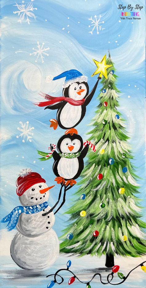 "Let's Decorate!" - Acrylic Painting Tutorial Of Snowman & Penguins Climbing Christmas Tree - Tracie Kiernan - Step By Step Painting Christmas Canvas Art, Christmas Artwork, Canvas Painting Tutorials, Christmas Tree Painting, Holiday Painting, Acrylic Painting Tutorials, Christmas Canvas, Christmas Drawing, Step By Step Painting