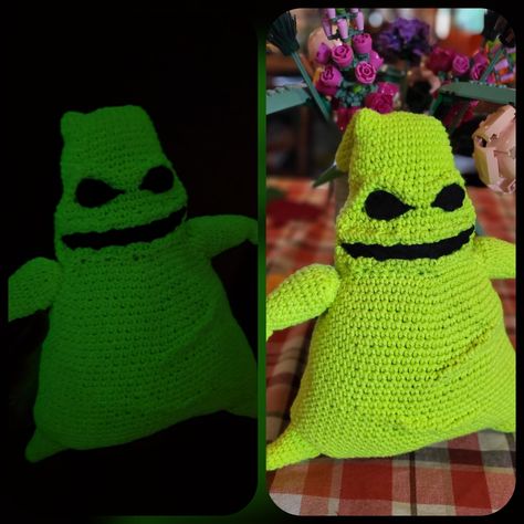 I had to make glow in the dark Oogie Boogie to go along with my Zero! I attempted to scrunch up the fabric to make ridges around the eyes, mouth, and on the body. I think it makes it look a lot better than sewing in extra crocheted strips. I finished him in time to take the kids to Disneyland where we attended the Halloween Oogie Boogie Bash event but of course they forgot to grab him when we were packing.. but he glows really well and I absolutely love him! Glow In The Dark Yarn Crochet Ideas, Glow In The Dark Yarn Crochet, Glow In The Dark Yarn Ideas, Crochet Glow In The Dark, Glow In The Dark Yarn Crochet Patterns, Oogie Boogie Crochet Pattern Free, Oogie Boogie Crochet Pattern, Crochet Oogie Boogie, Halloween Oogie Boogie