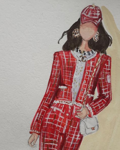 Chanel Drawing Sketches, Chanel Sketches Fashion, How To Draw Tweed Fabric, Chanel Fashion Illustration, Tweed Fashion Illustration, Tweed Illustration, Chanel Sketches, Chanel Drawing, Chanel Tweed Fabric