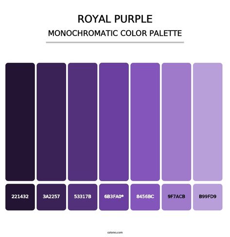 Royal purple - Monochromatic Color Palette Rare Color Palette, Royal Purple Color Palette, Purple Monochromatic, Purple Hex, Analogous Color Scheme, Rgb Color Codes, Split Complementary Colors, Royal Purple Color, Gold Wedding Colors