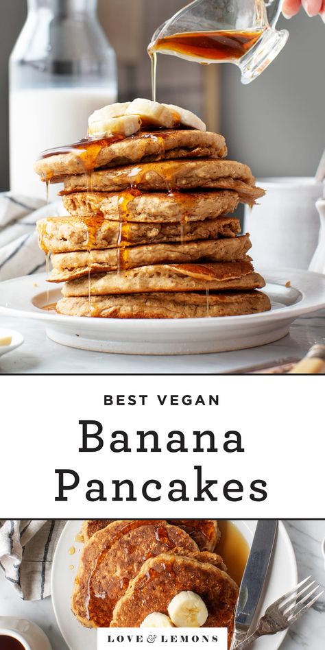 The BEST banana pancakes! These guys are warmly spiced, fluffy & healthy, made with oat flour, whole wheat flour, and no added sweetener. Totally vegan, they're a fun, wholesome breakfast! | Love and Lemons #pancakes #healthybreakfast #brunch #vegan Low Carb Vegan Breakfast, Pancake Banane, Fluffy Banana Pancakes, Vegan Banana Pancakes, Easy Banana Pancakes, Banana Pancakes Recipe, Pancakes Ingredients, Vegan Pancakes, Vegan Banana